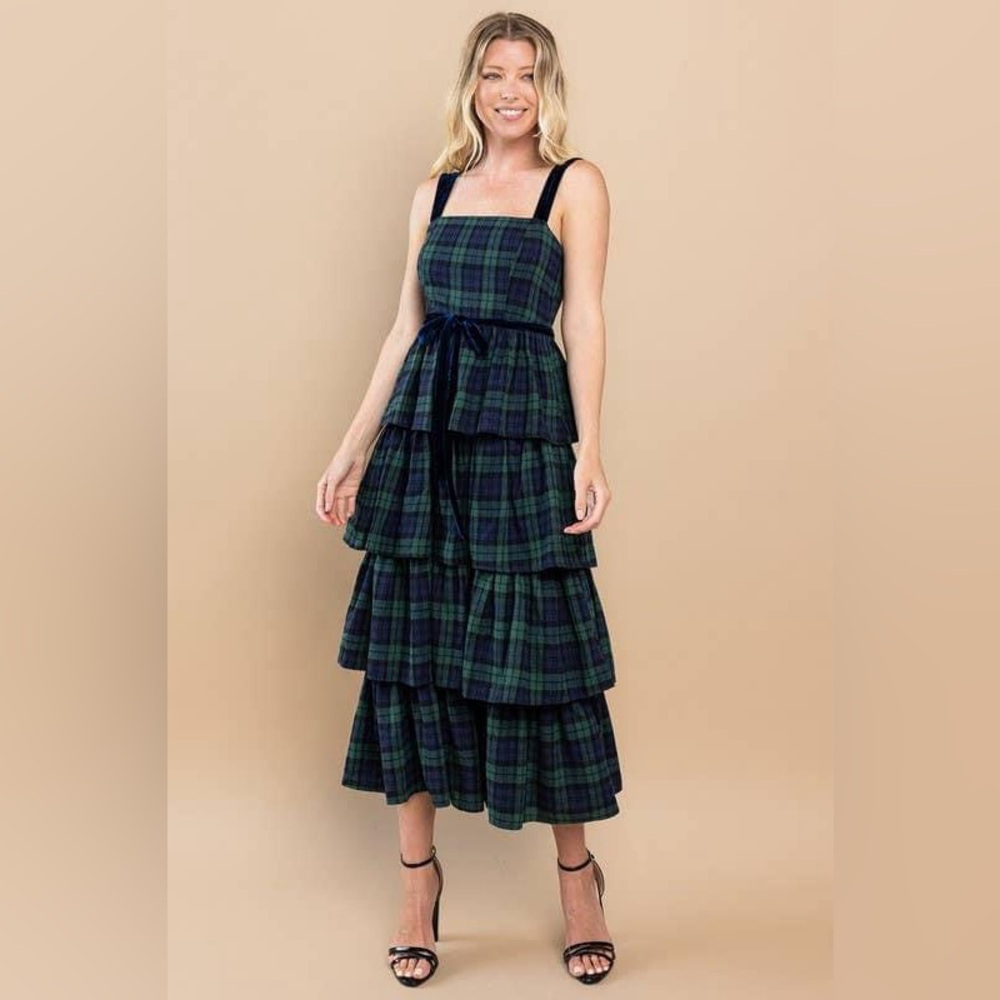 NWOT TCEC Black Watch Tartan Ruffle Flannel & Velvet Midi Dress Size M